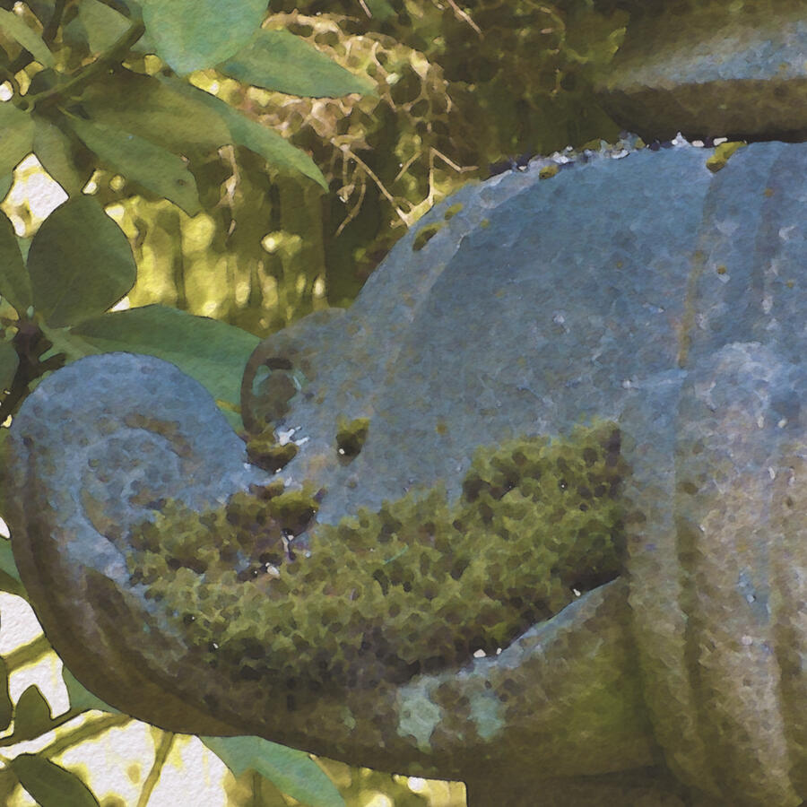 Digital, 2016 - Weathered moss-covered Japanese toro (lantern), dappled by warm sunlight and surrounded by dense green foliage.