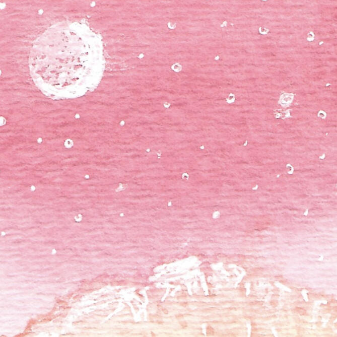 Watercolor & acrylic on paper, 2020 - Mountain range at sunset, with soft pink and peach tones blending across the sky. A pale moon hangs in the upper left among scattered white stars, while darker pine tree silhouettes frame the foreground.