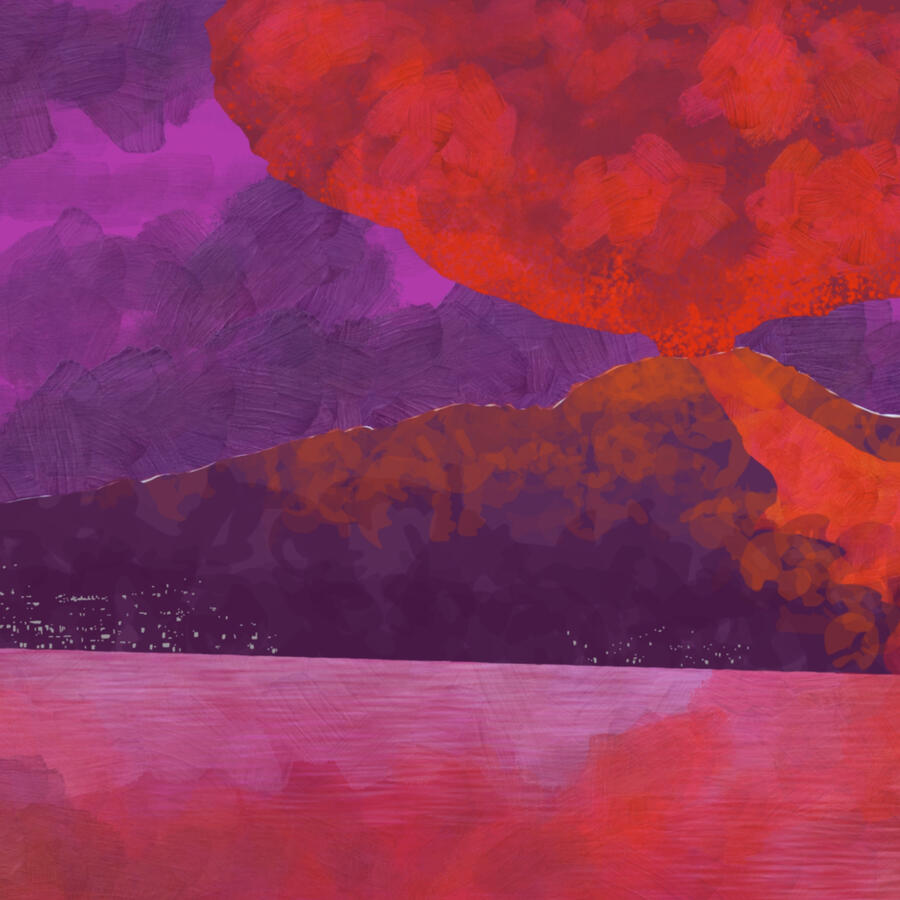 Digital, 2024 - Mount Vesuvius at its initial eruption, with a large red ash cloud rising above the volcano and lava flowing down its side. Small lights at the mountain's base suggest Pompeii and Herculaneum. Pink water stretches across the foreground.