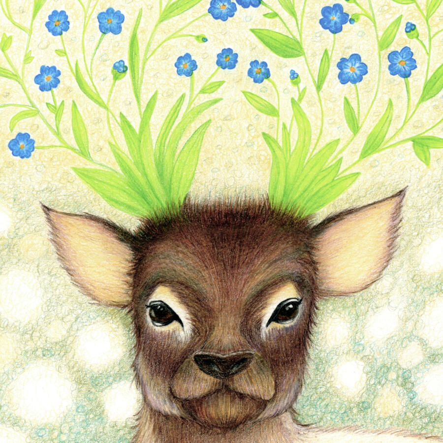Color pencil on vellum Bristol paper, 2026 - Color pencil drawing of a small, faerie-like deer; where the antlers would normally emerge, there is a spray of blue forget-me-nots. The background is a muted blending of blues, greens, and golds.