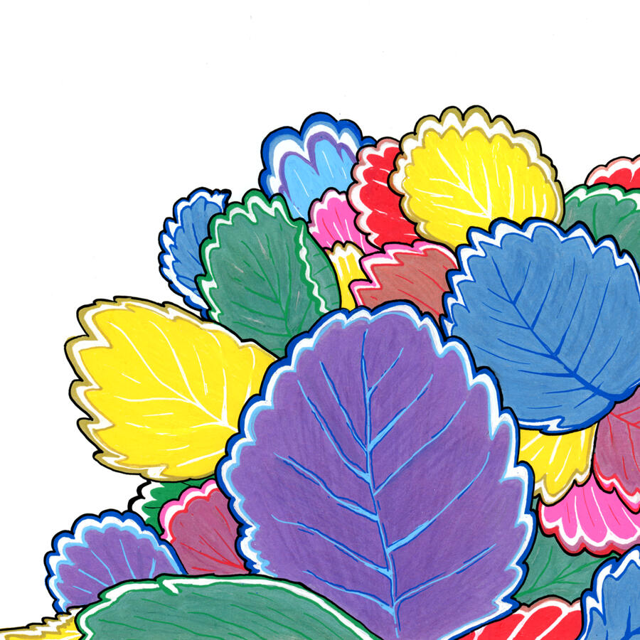 Acrylic on paper, 2024 - A vibrant illustration of overlapping, stylized strawberry-inspired leaves. They vary in size and are outlined with bold, contrasting borders, with visible vein details drawn in lighter tones.