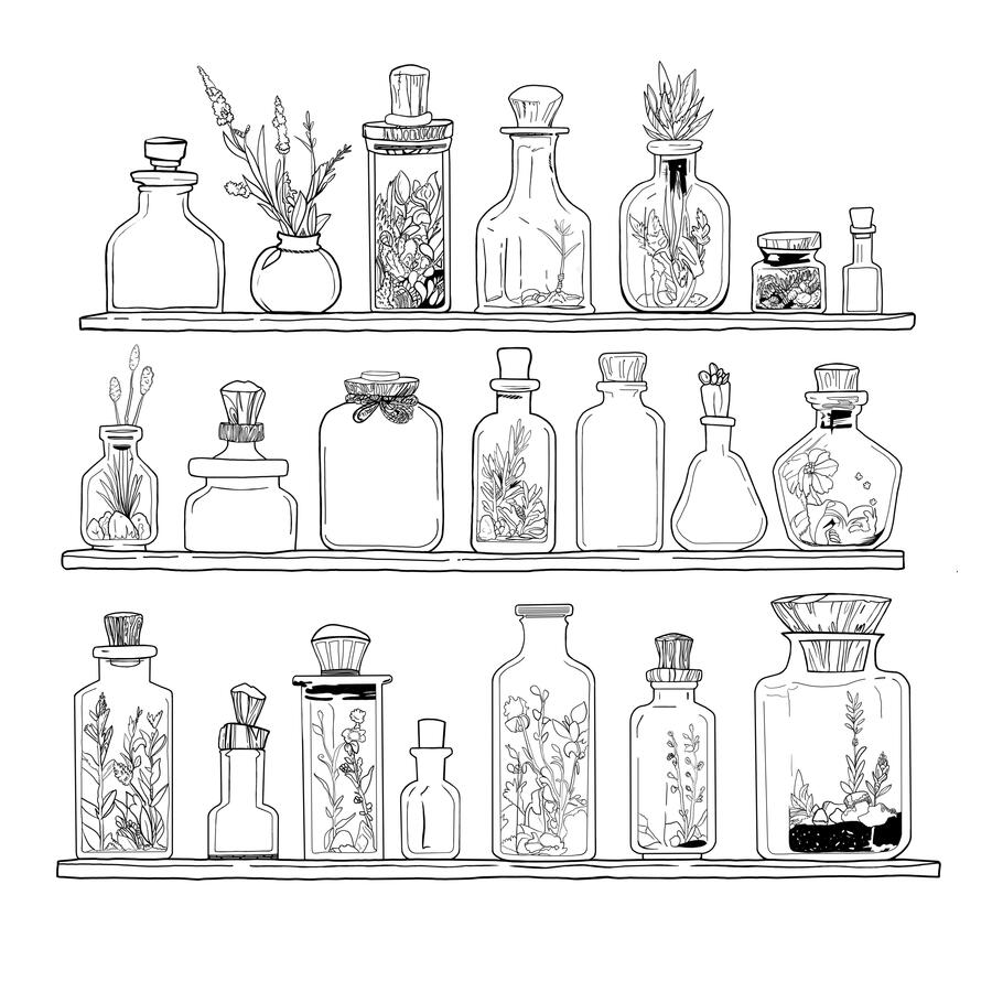Digital, 2024 - A trio of shelves sporting jars of various shapes and sizes. Some of them are empty, but others hold a variety of flora, rocks, and so forth.