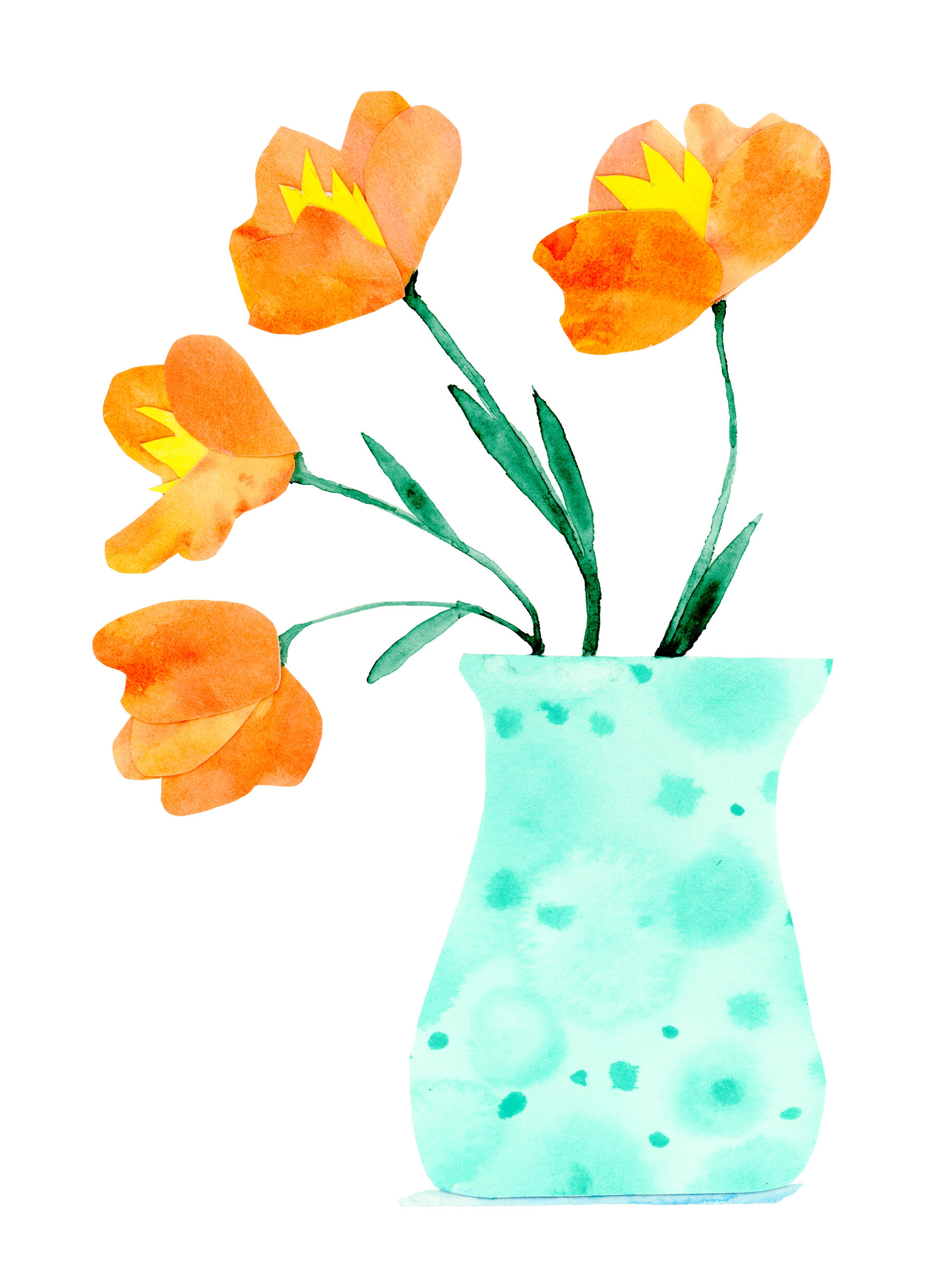 California Poppies A simple mottled teal vase with four bright orange California Poppies waving from their wispy green stems.