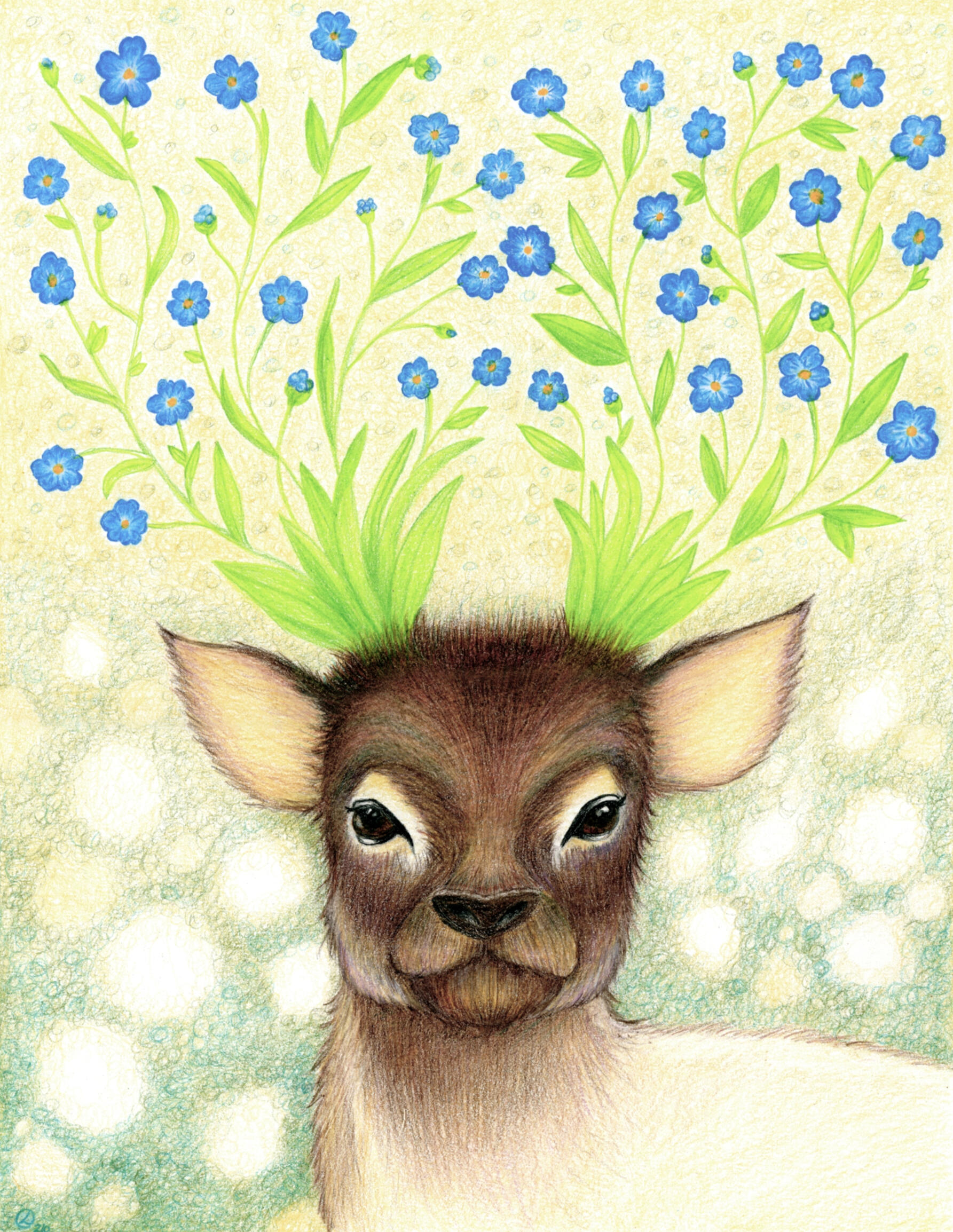 Forest Spirit - Spring (color pencil on vellum Bristol paper, 2026) Color pencil drawing of a small, faerie-like deer; where the antlers would normally emerge, there is a spray of blue forget-me-nots. The background is a muted blending of blues, greens, and golds, creating a hazy effect.
